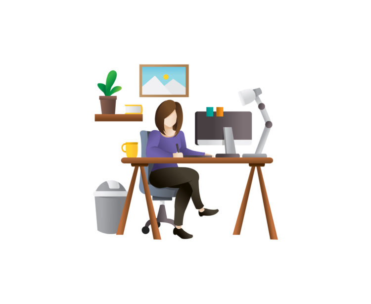 illustration, woman at desk with computer