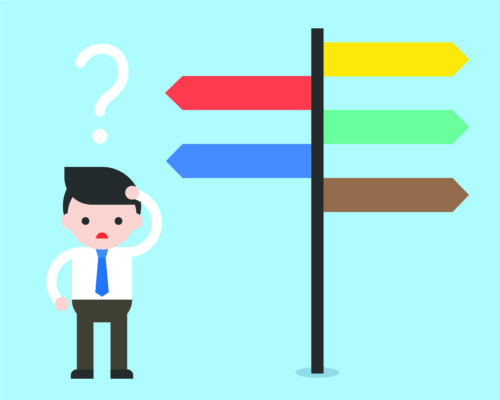 Person at signs with confused look